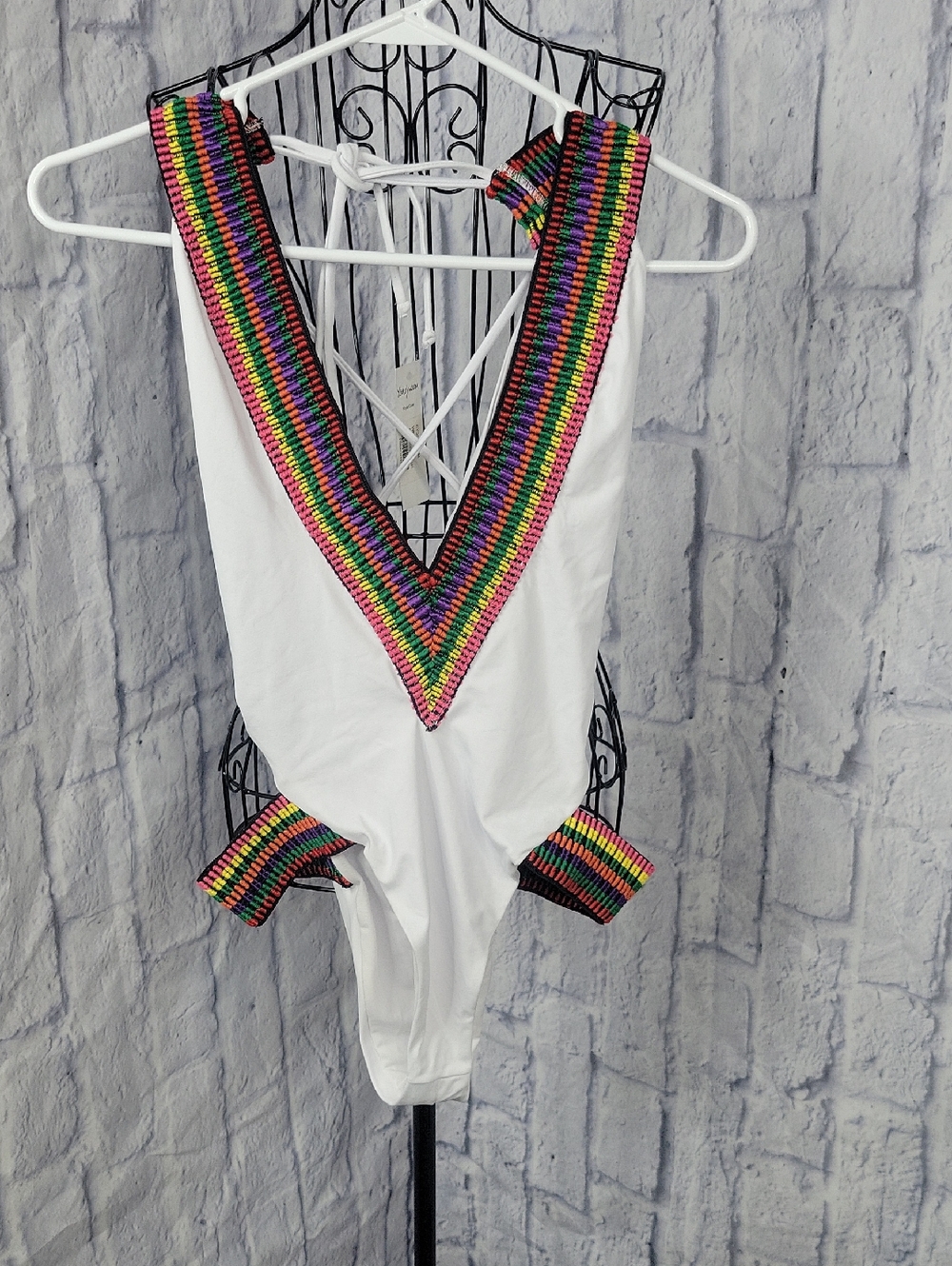 NWT Yandy White One Piece Swimsuit Rainbow Trim Medium